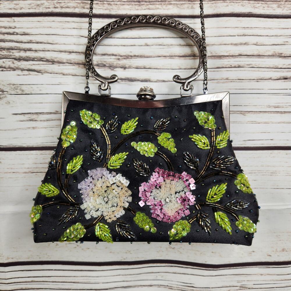 CEM Vintage Black Sequins Silver Handle Purse Mini Bag Floral - Picture 2 of 8